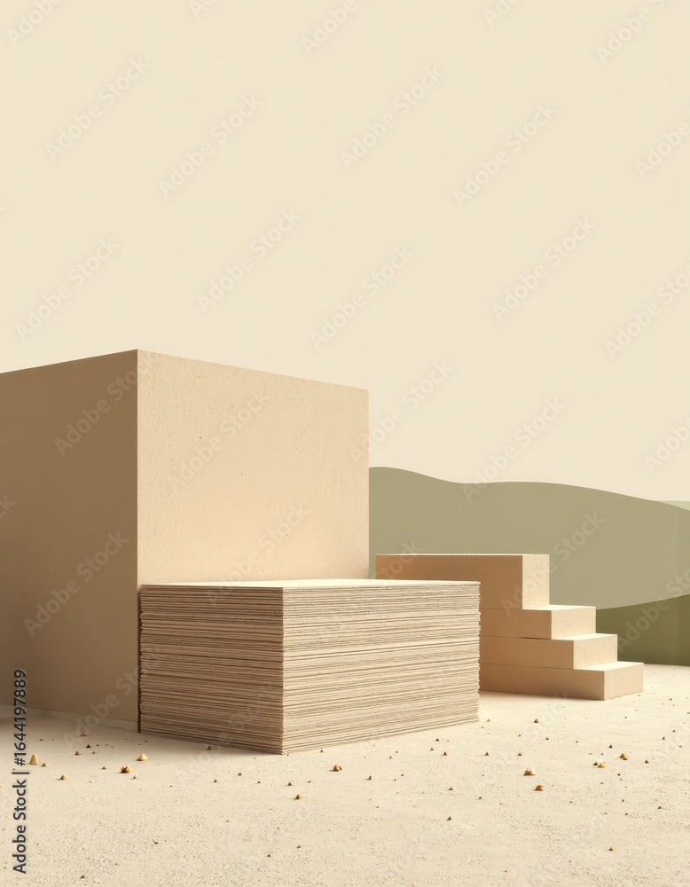Poster stacks of drywall and corner beads arranged in a minimalist setting