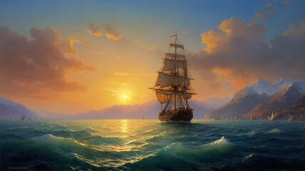 Obraz premium art painting by old masters, sea, sailboat, sunset and rocky coast