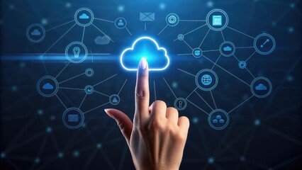 Human finger touching a glowing blue digital cloud icon connecting to various technology and data icons on a dark background