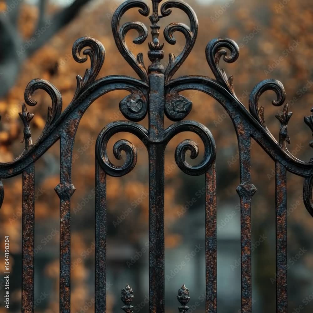 Poster a close-up shot of a metal gate with a tree in the background, perfect for use as a border or to add