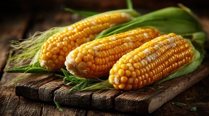 Three ears of fresh corn sit on a wooden board, showcasing their vibrant yellow kernels and green husks. The rustic kitchen ambiance enhances the fresh produce appeal.