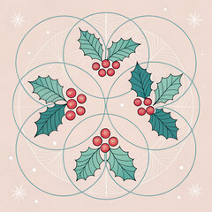Abstract holly berries in geometric circles, minimal style, soft pastel background.
