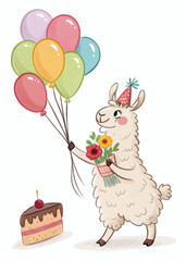 Llama with Balloon Bouquet and Cake Slice
