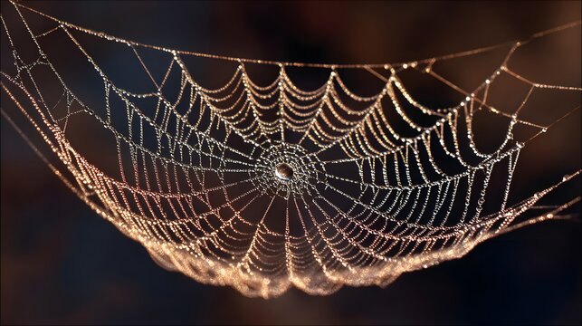 Delicate spiderweb covered in morning dew.