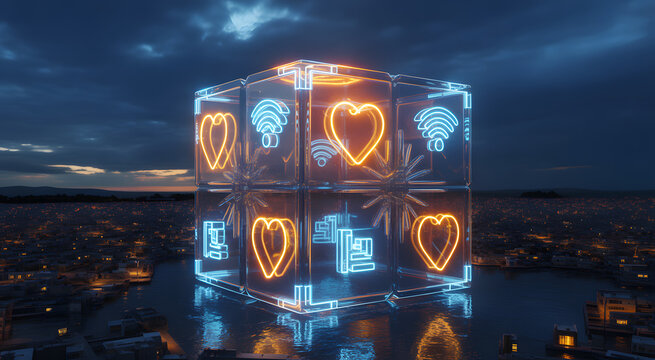 Digital Love Cube: A futuristic digital cube glows with vibrant neon lights. Inside, digital hearts, wifi, and tech icons shine brightly, hovering above the cityscape. - Powered by Adobe