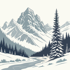 Minimal snow-covered mountain shapes, abstract vector, muted winter palette.
