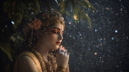 Close up of a deity with ornate headdress and jewelry in a dark and rainy outdoor setting at night