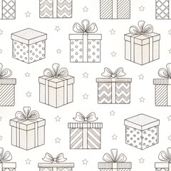 Monoline gift boxes with bows, elegant thin lines, monochrome pattern.
