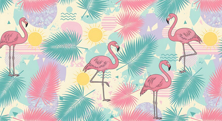 Obraz premium Vibrant pink flamingos dance amidst tropical palm leaves and retro suns, creating a playful, summery vibe perfect for beachy designs and vacation themes.