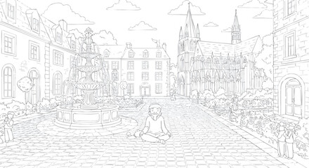 Zen in the City Square A Meditative Coloring Page with Buildings and Plants
