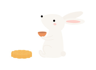 Kawaii rabbit drinking tea with mooncake isolated on transparent. Flat vector illustration. Cute cartoon character. Mid Autumn Festival, Tsukimi, Chuseok festive design element, holiday clip art