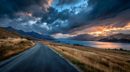 Winding asphalt road through golden grasslands towards a vast blue lake under dramatic stormy skies