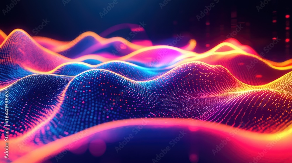 Poster vibrant digital waves: a dynamic display of interconnected, energy-infused digital waves cresting ac