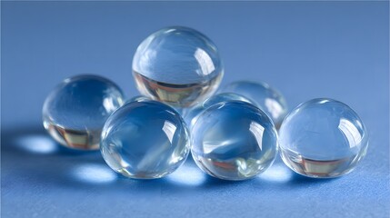 Clear spheres arranged on a blue surface.