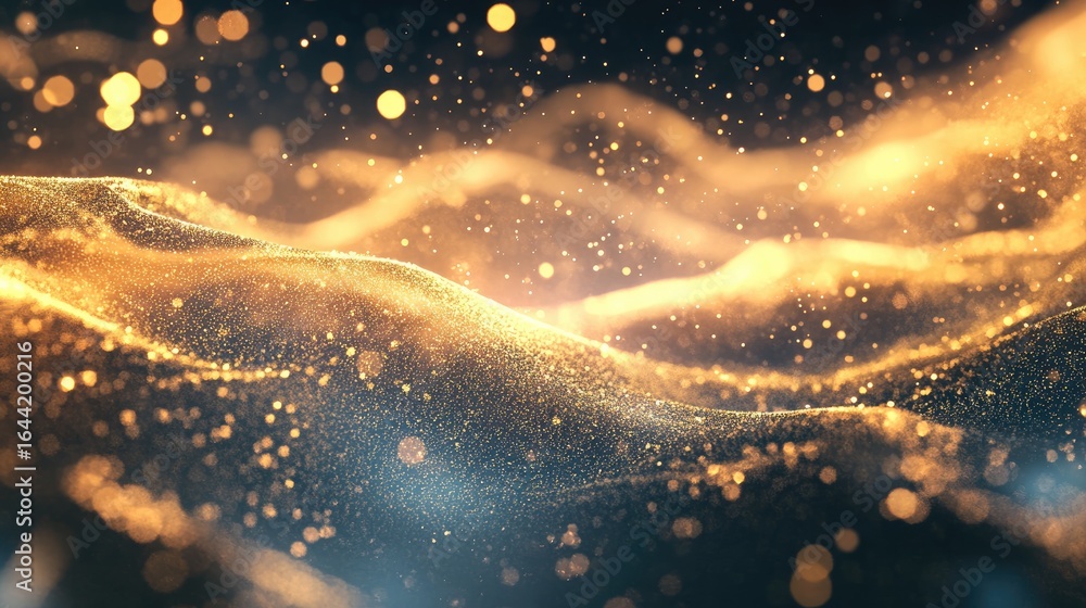 Poster golden sparks abstract: mesmerizing, sparkling particles dance across a dark, textured background, c