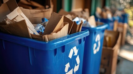 Recycling Bins and Trash: Close-up of two vibrant blue recycling bins, brimming with cardboard, waste and materials, symbols of environmental responsibility and eco-conscious living.