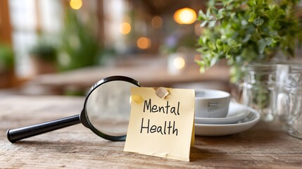 Sticky note with the words mental health and magnifying glass on a wooden table.