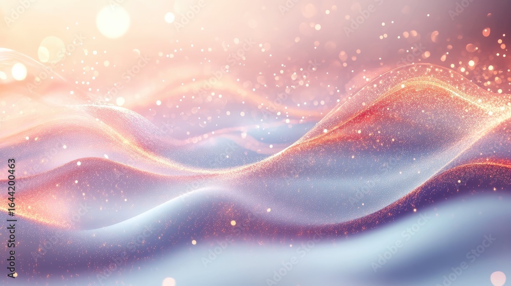 Poster ethereal serenity: soft waves of light and color dance across the scene, creating a dreamy and abstr