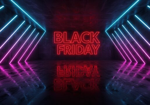 Black Friday neon sign in a futuristic tunnel with colorful reflections and a vibrant glow.