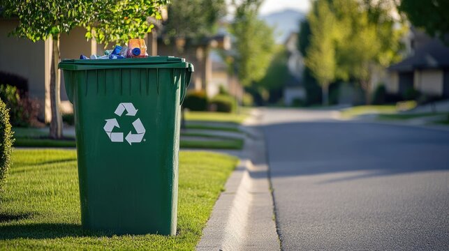 Eco-Friendly Recycling: A green recycling bin, prominently displaying the iconic symbol, stands curbside in a suburban neighborhood.