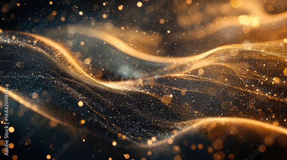 Poster golden particle stream: an abstract composition of a flowing stream of glittering golden particles, 