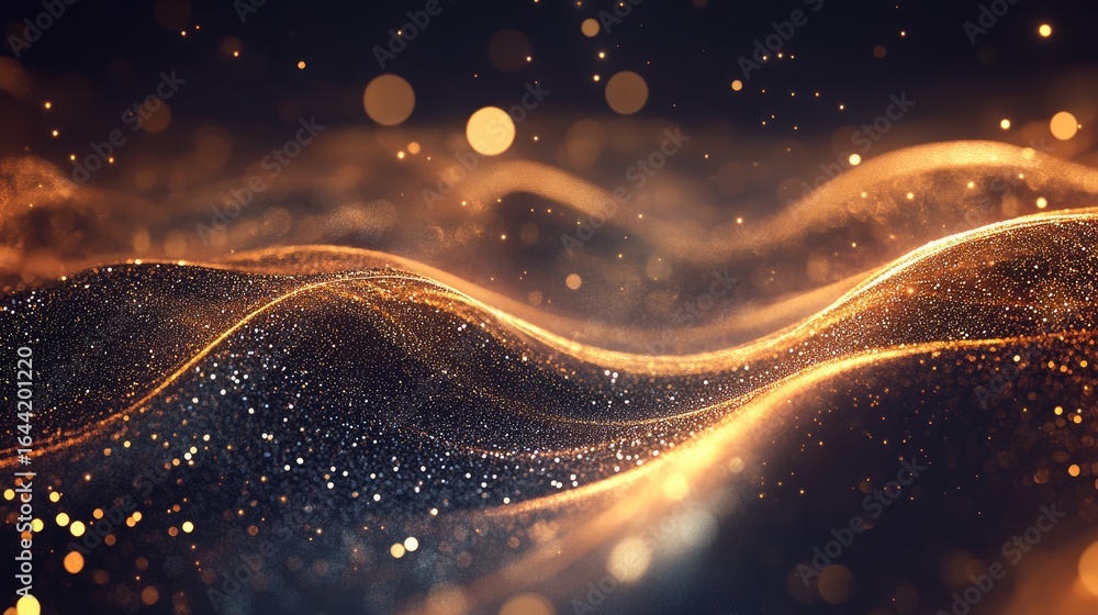 Poster golden abstract waves: a mesmerizing display of radiant golden waves dances against a dark backdrop,