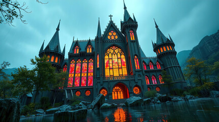a fantastic building reminiscent of the Gothic style, but with a futuristic design with stained glass windows, surrounded by a landscape with trees and rocks.