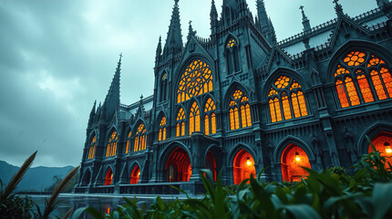 a fantastic building reminiscent of the Gothic style, but with a futuristic design with stained glass windows, surrounded by a landscape with trees and rocks.