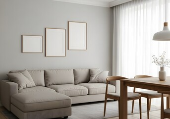 Modern sectional sofa in a welldecorated living room with dining area