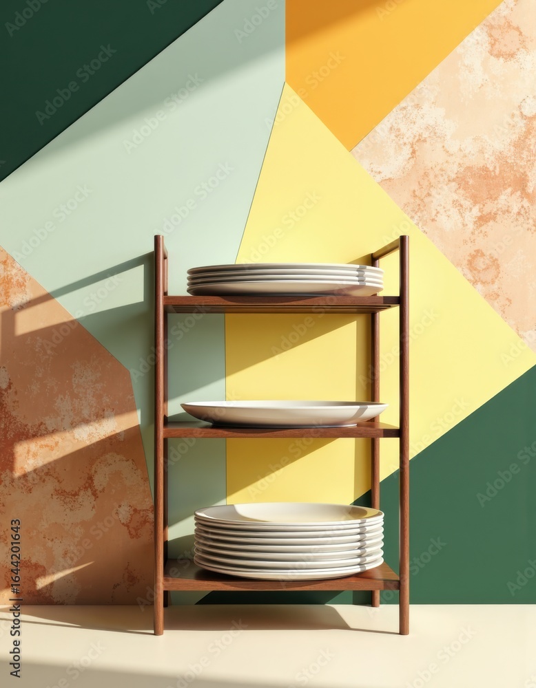 Aufkleber modern drying rack with trays displaying clean plates against a colorful backdrop