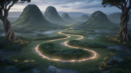 Mystical Landscape with Glowing Path Serpentine Trail Through Verdant Hills and Ancient Trees Inspiring Calmness and Wonder
