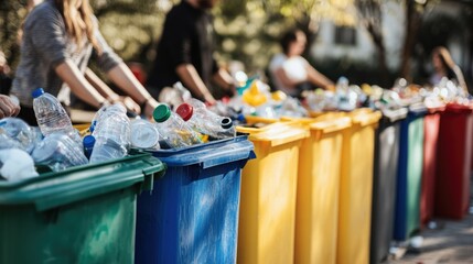 Sorting for Sustainability: People engage in sorting recyclable materials into color-coded bins, emphasizing eco-conscious habits and the power of environmental care.