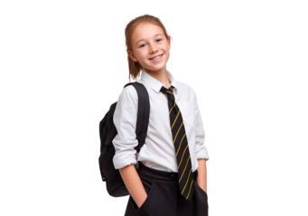 Smiling young schoolgirl in uniform with backpack on transparent background, PNG	