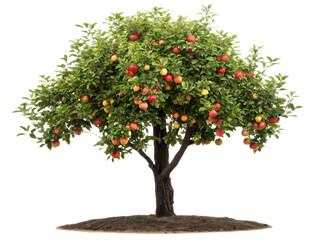 A full apple tree with red and yellow apples and green leaves against a black background in isolation