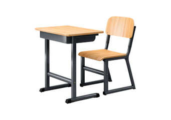 Wooden school desk and chair with metal frame on transparent background, PNG	