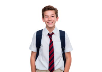 Smiling boy child with backpack in school uniform on transparent background, PNG	