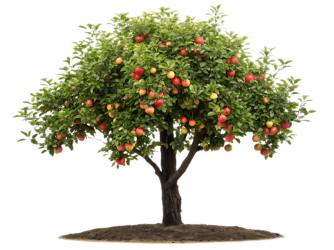 A full apple tree with red and yellow apples and green leaves against a black background in isolation