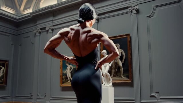 Female Bodybuilder in Art Gallery Showcasing Muscular Physique Near Classical Sculptures