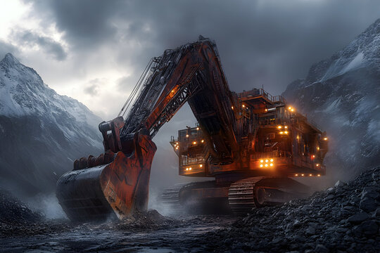 Giant mechanical excavator operating in rugged alpine terrain amidst dramatic skies