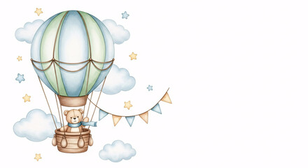 Obraz premium Cute Teddy Bear in Hot Air Balloon with Clouds, Stars, and Bunting Flags in Watercolor Style on White Background 