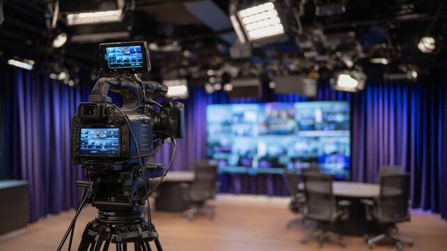 Spacious video studio with tripod-mounted camera, LED lighting, monitors for playback, and a clutter-free workspace.