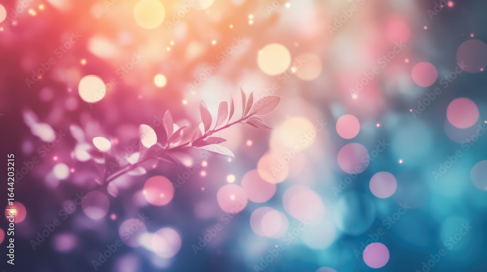 Poster branch in bokeh: a delicate branch with leaves is artfully set against a vibrant background of shimm