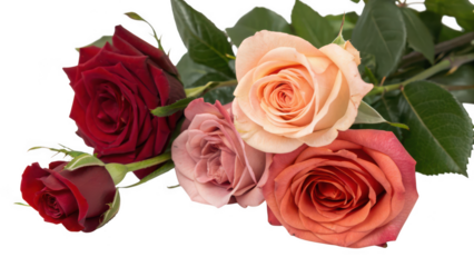 A beautiful bouquet of five multi colored roses with green leaves isolated on transparent background