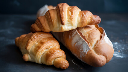 Golden Croissants and Fresh Bread Aromatic Still Life of Bakery Delights with Crispy Layers and Rustic Charm