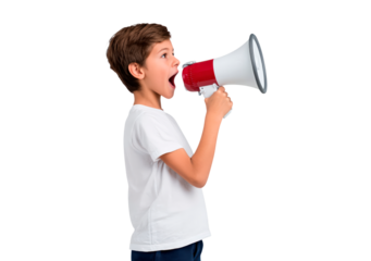 Young boy shouting through megaphone in white shirt on transparent background, PNG	