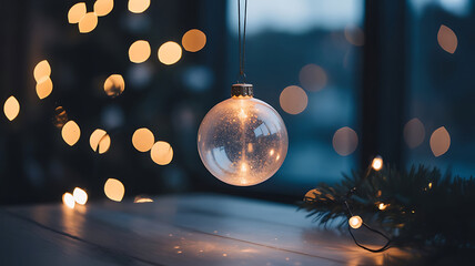 Elegance of Christmas A Glowing Ornament on a Wooden Surface Surrounded by Warm Bokeh Lights and Festive Greenery