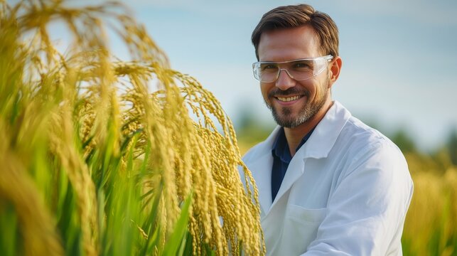 European scientists conducting genetic research on rice varieties and chromosome dna development