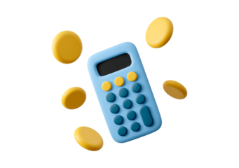 Blue calculator with yellow buttons and coins on transparent background, PNG	