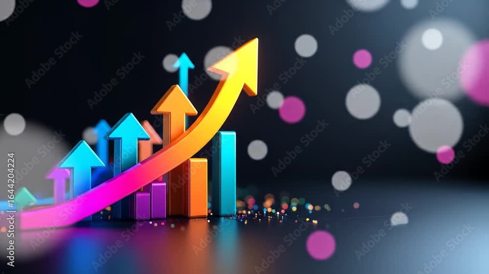Poster vibrant business growth chart with colorful arrows on a dark background showing upward trends and op