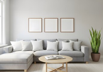 Modern sectional sofa with decorative pillows and artwork above